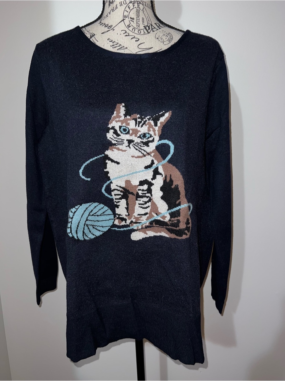 Astrologie Cat Yarn Knit Sweater Navy Blue NWT Size Large